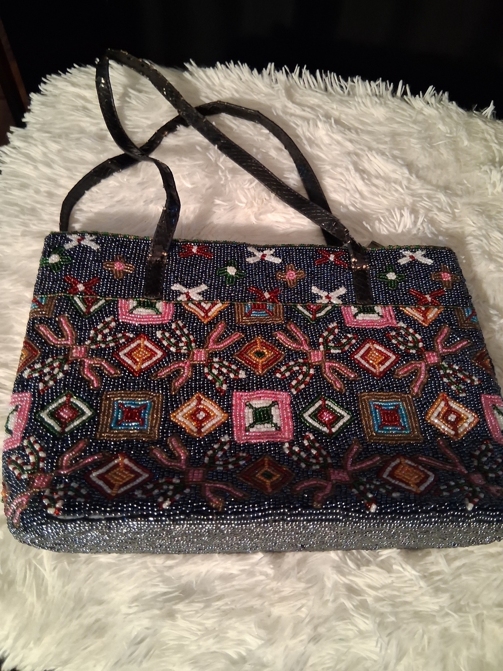 Vintage Multicolor Beaded Tote with Black Straps, Only Callout Is The Straps